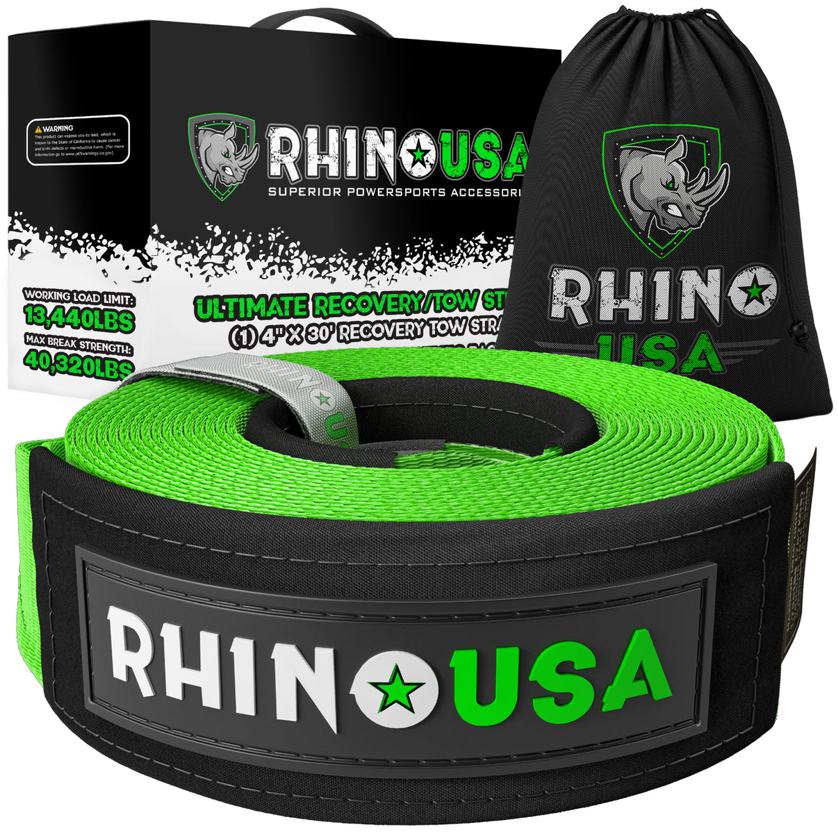 RHINO USA RECOVERY TOW STRAP 4INX30FT (GREEN)