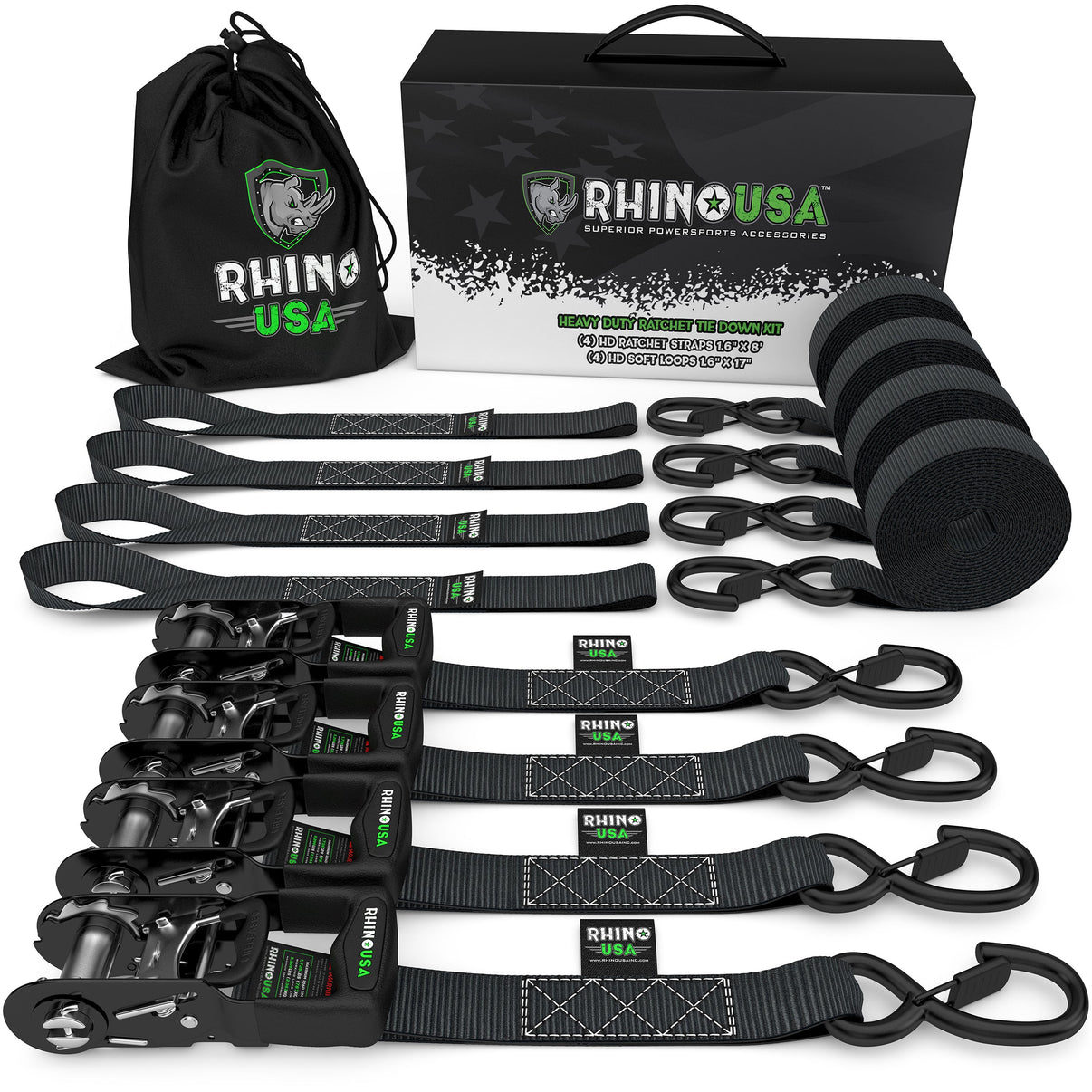 1.6" X 15' RHINO USA HEAVY DUTY RATCHET TIE-DOWN 4-PACK BLACK