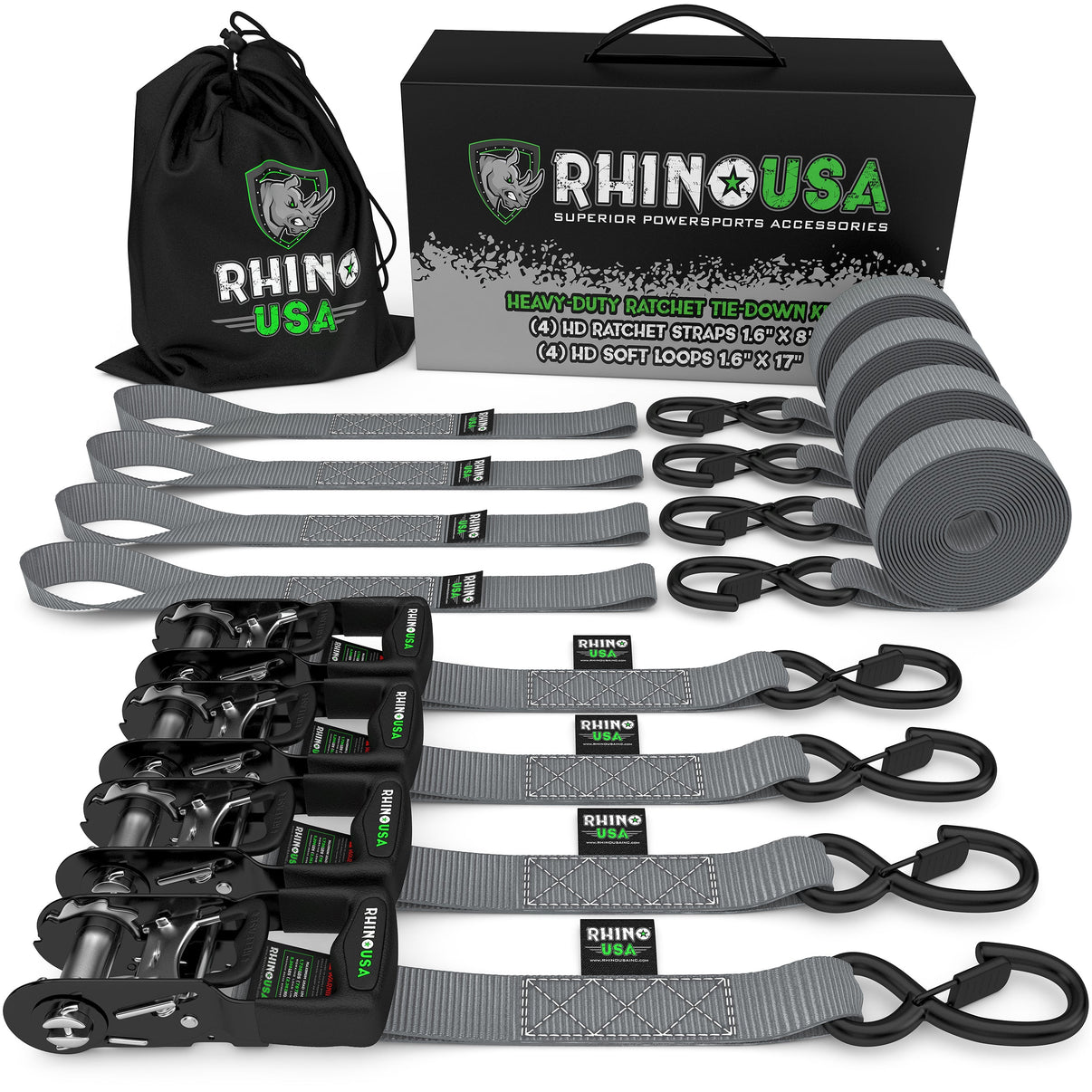 1.6" X 8' RHINO USA HEAVY DUTY RATCHET TIE-DOWN 4-PACK (GRAY)