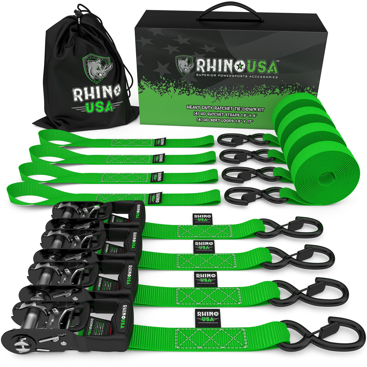 1.6" X 8' RHINO USA HEAVY DUTY RATCHET TIE-DOWN 4-PACK (GREEN)