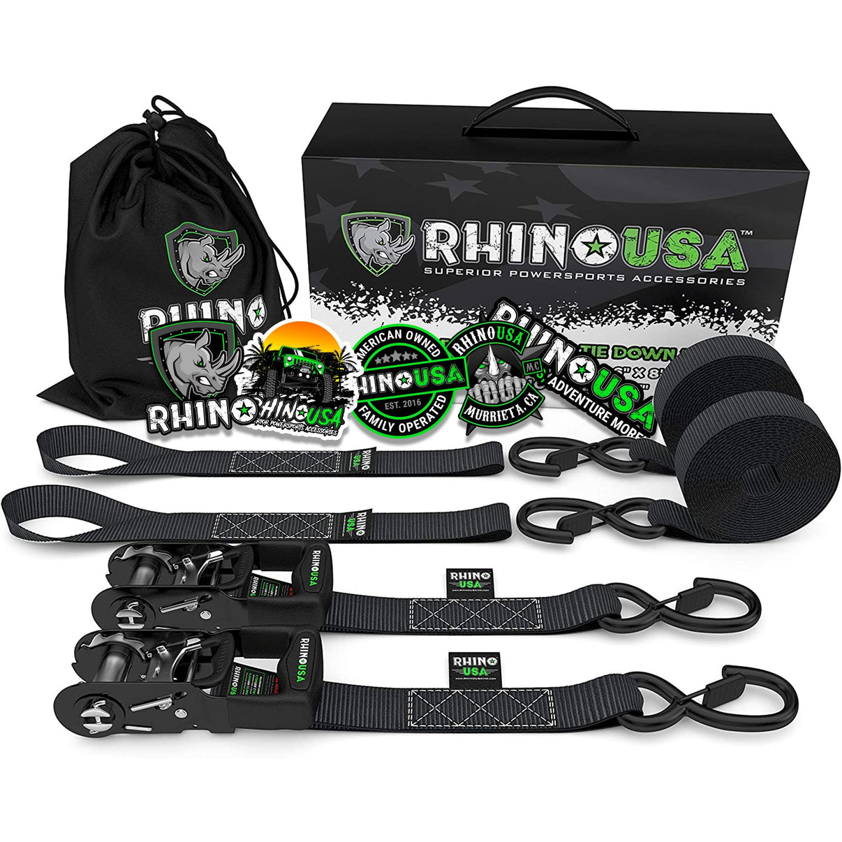 1.6" X 8' RHINO USA HEAVY DUTY RATCHET TIE-DOWNS 2-PACK (BLACK)