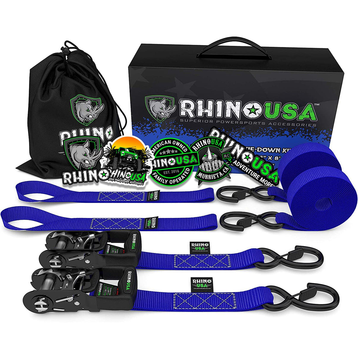 1.6" X 8' RHINO USA HEAVY DUTY RATCHET TIE-DOWNS 2-PACK (BLUE)