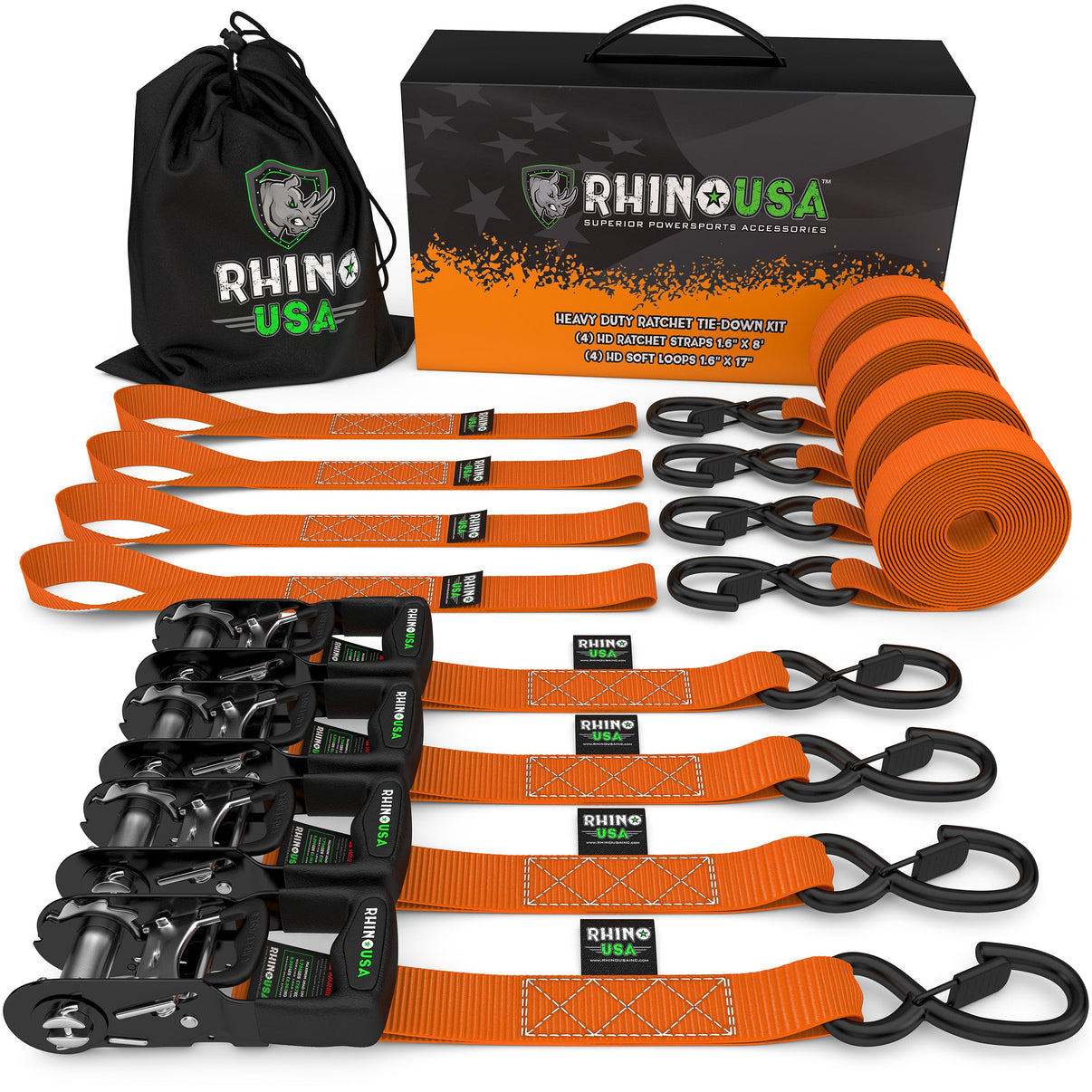 1.6" X 8' RHINO USA HEAVY DUTY RATCHET TIE-DOWN 4-PACK (ORANGE)