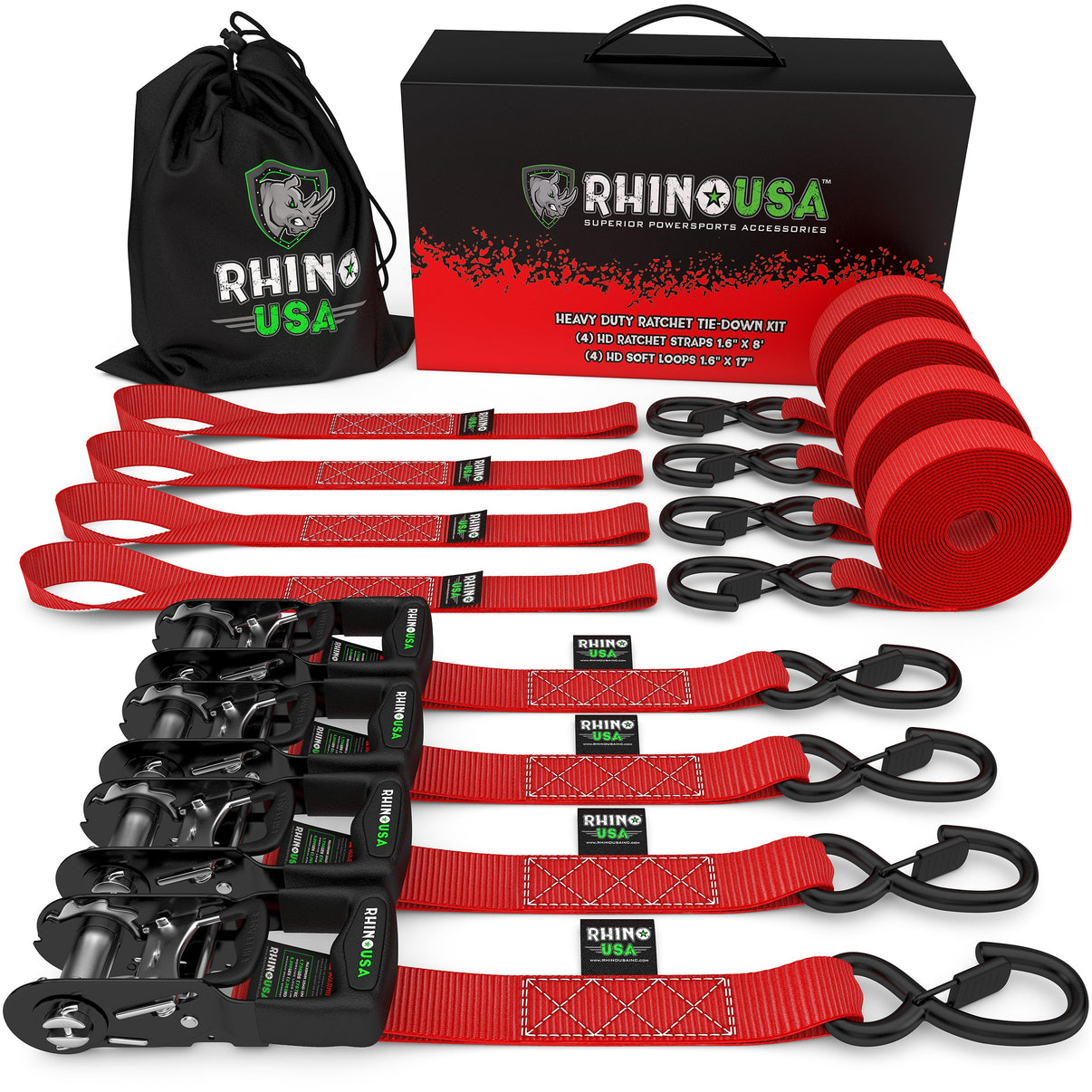 1.6" X 8' RHINO USA HEAVY DUTY RATCHET TIE-DOWN 4-PACK (RED)