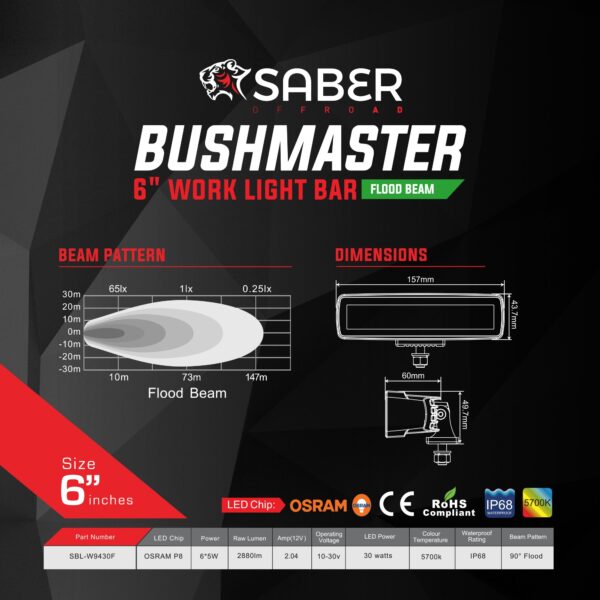 6" Work Light Bar - Flood Beam - Image 4