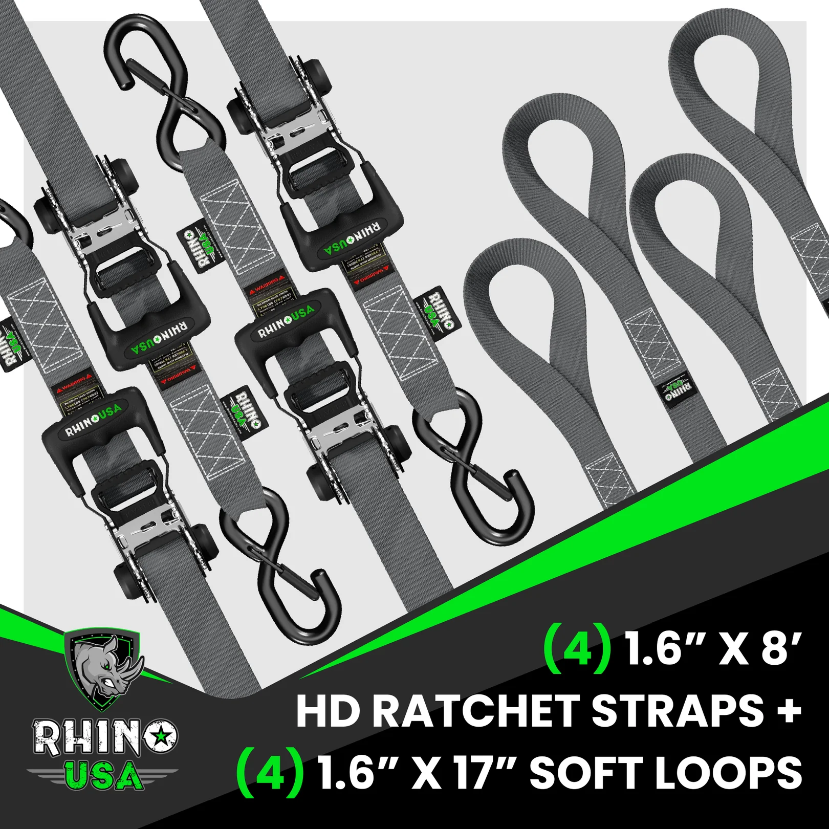 1.6" x 8' HD Ratchet Tie-Down Set (4-Pack) - Image 2