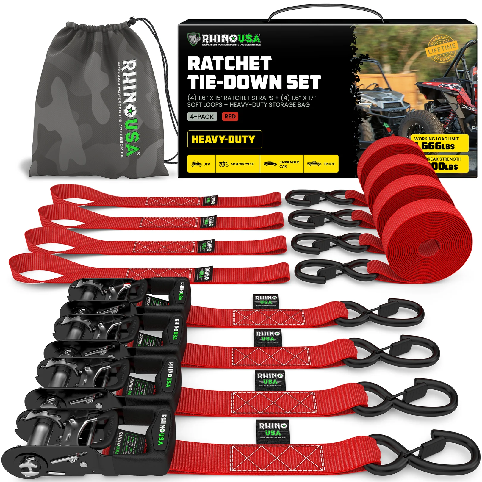 1.6" x 15' HD Ratchet Tie-Down Set (4- Pack)