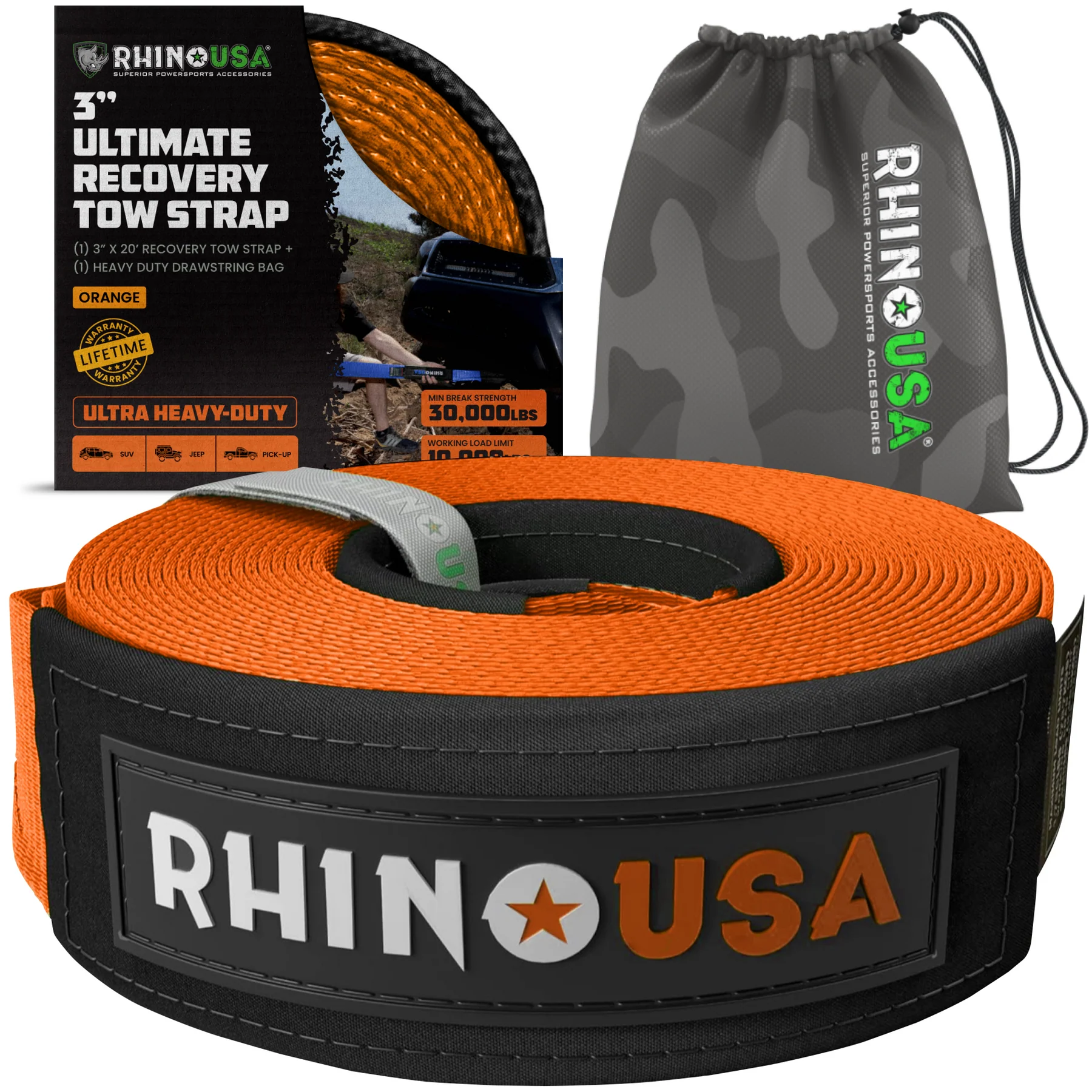 RECOVERY TOW STRAP 3INX30FT (ORANGE)