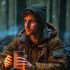 Man camping solo, bonfire and coffee, Generative AI
